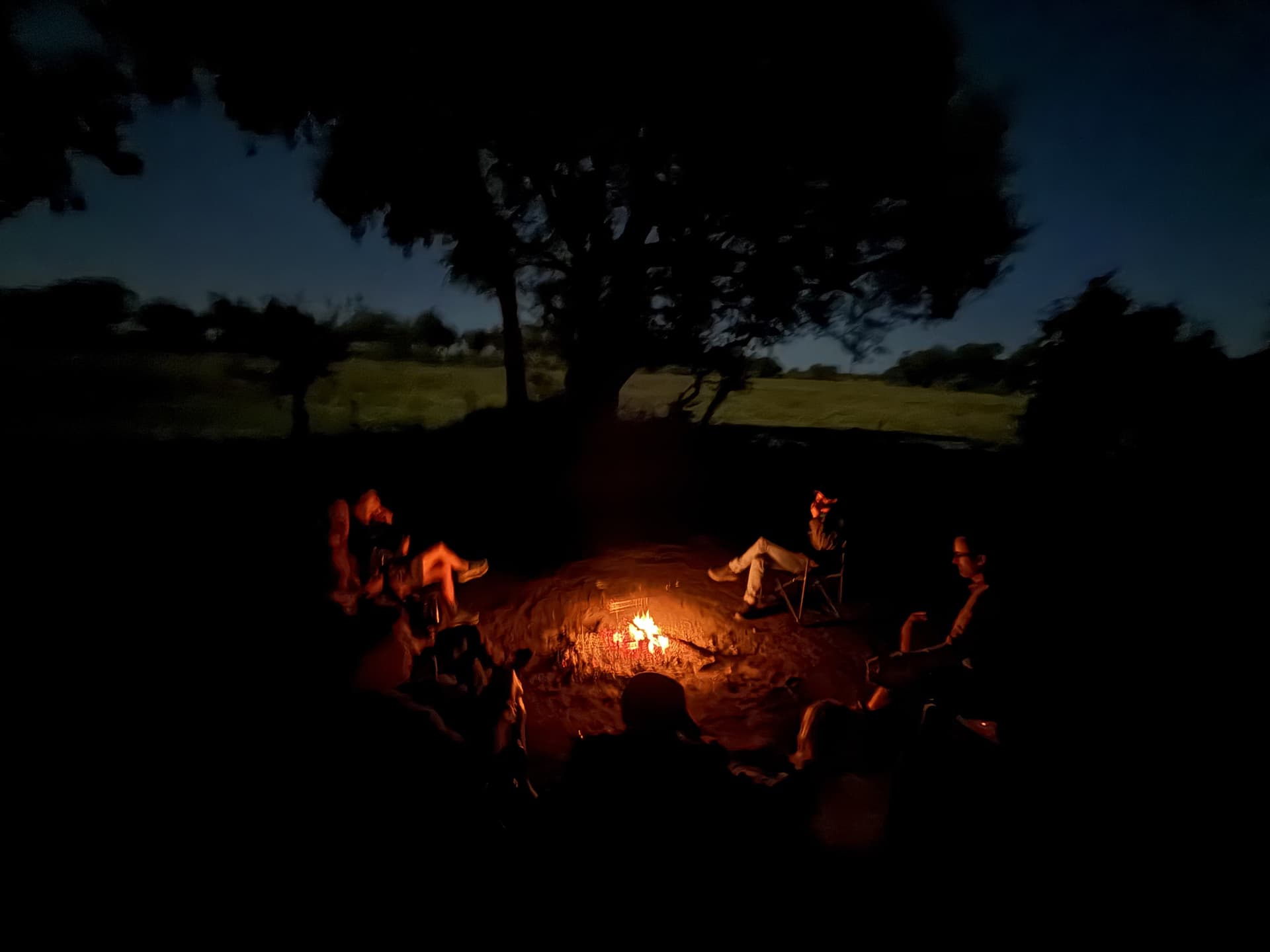 Guests gathered around a glowing campfire beneath a large tree at dusk at Samonyana Private Island.