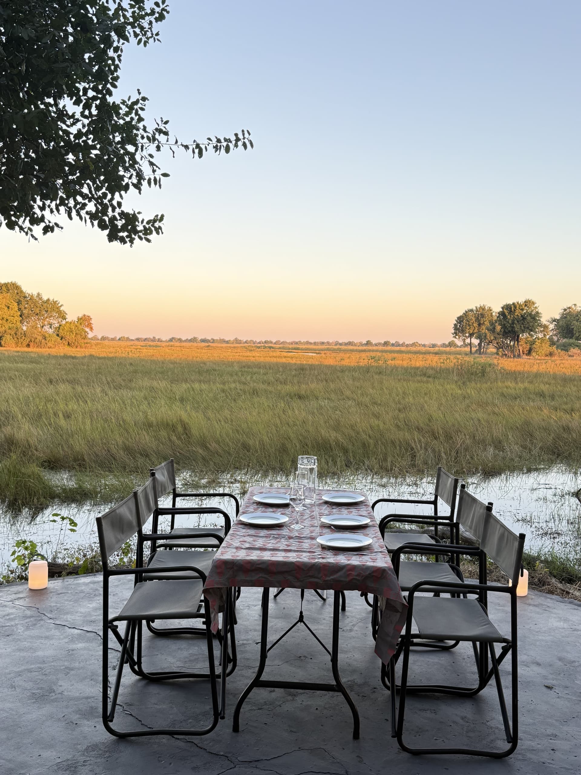 Candlelit dinner table set for guests beneath overhanging branches overlooking the Okavango Delta floodplain at sunset.