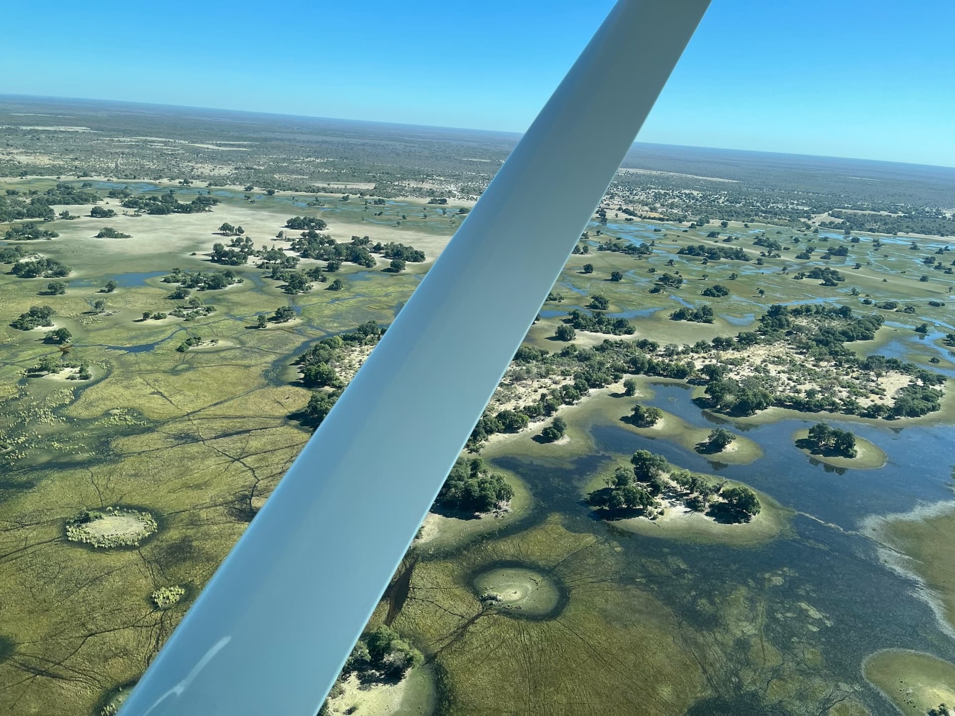 Aerial view of the Okavango Delta island clusters from the light aircraft to Samonyana