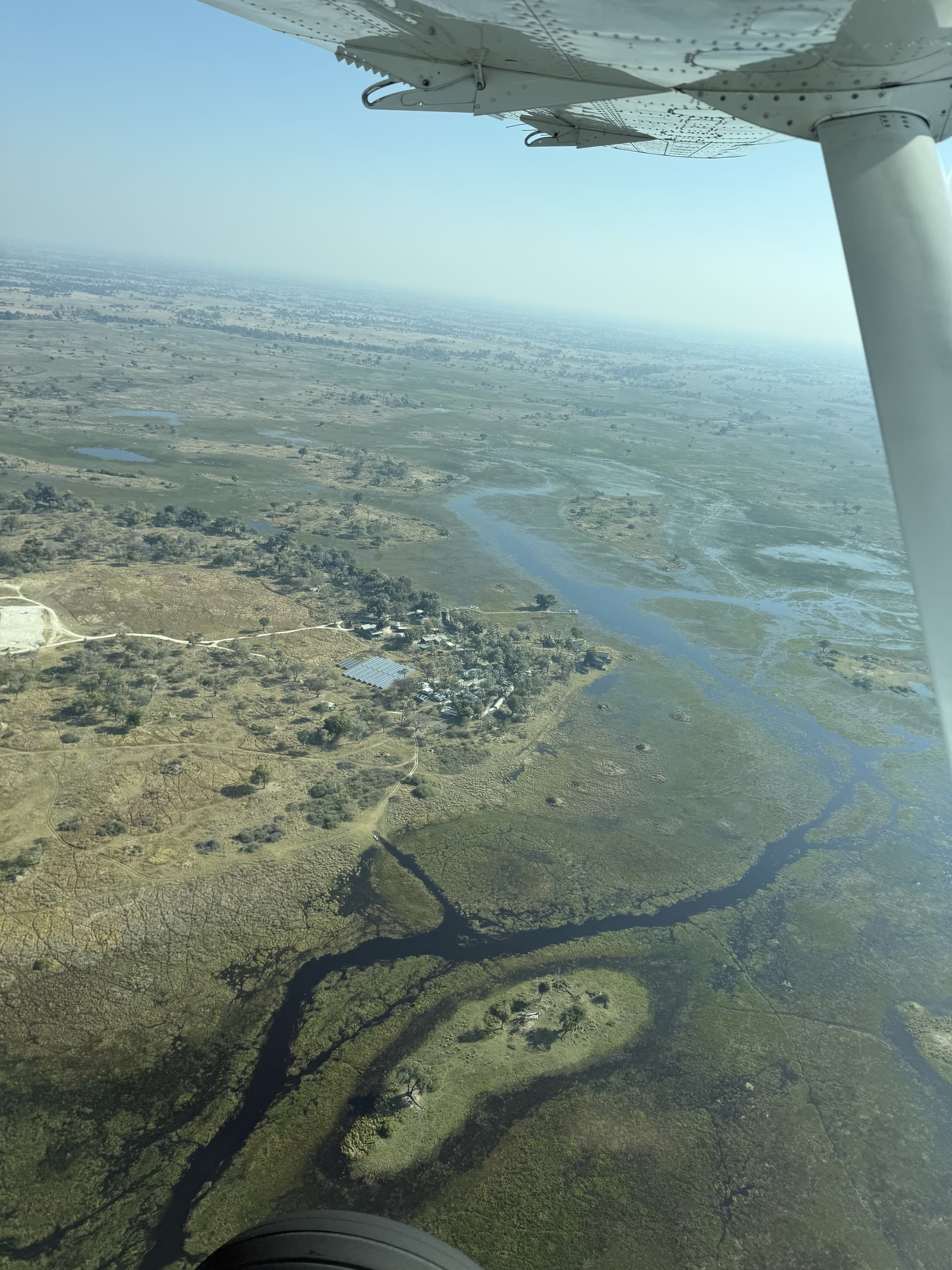 Aerial view of winding Okavango Delta channels and floodplains seen past the wing of a light aircraft