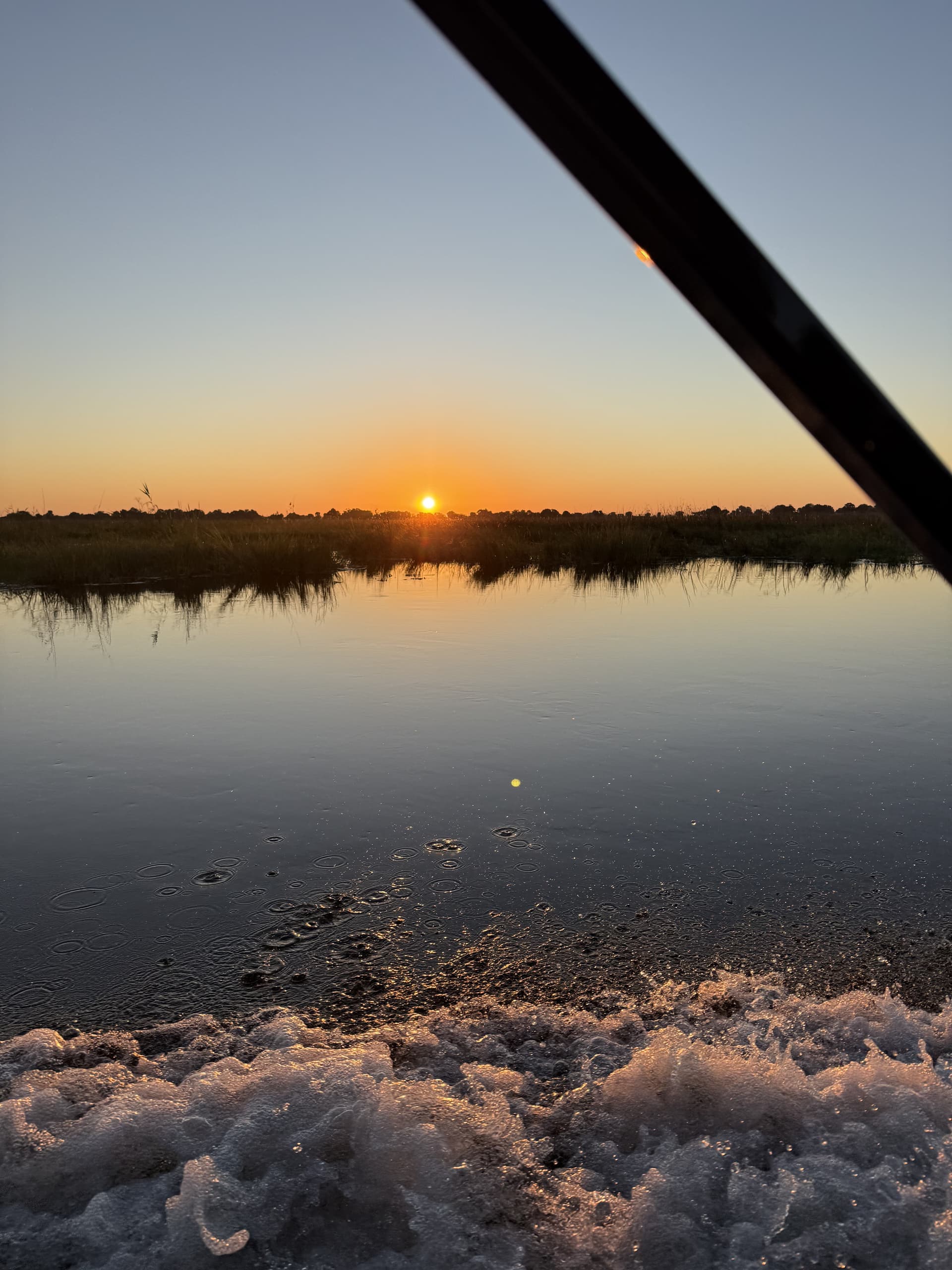 Sun setting over calm Okavango Delta waters, viewed past the frothing wake of a moving boat.