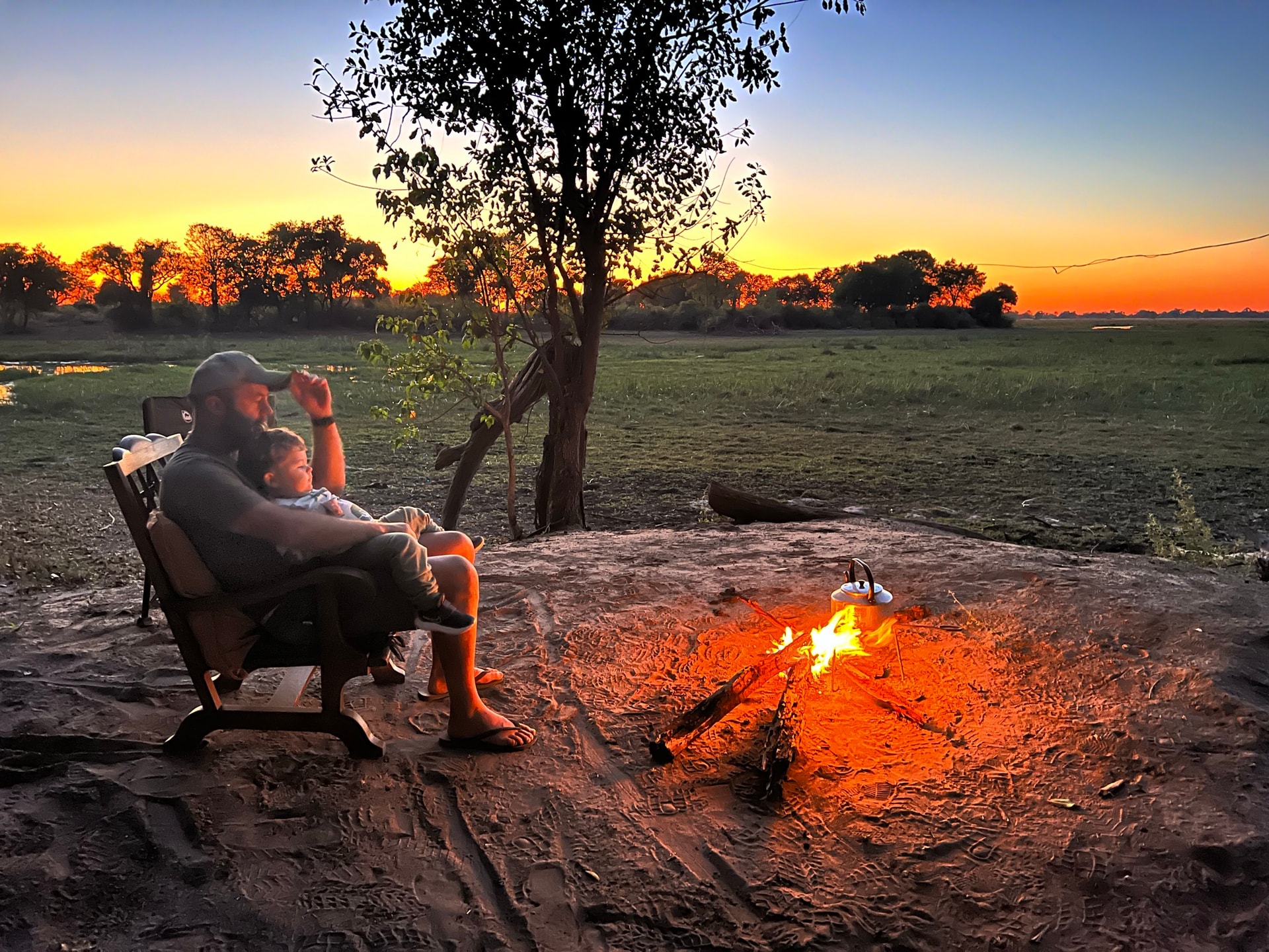 Campfire at sunset on Samonyana Private Island