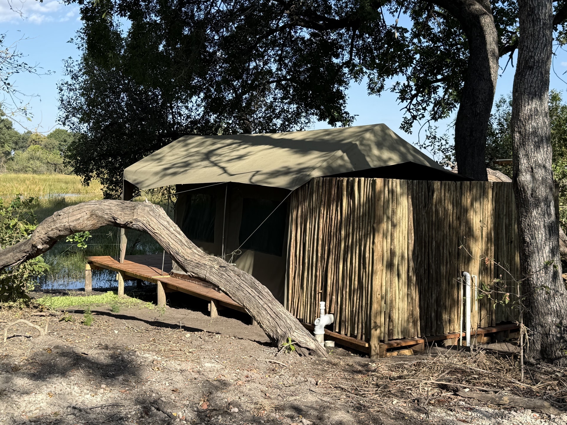 Exterior of a canvas-roofed guest tent with reed walls set among trees beside the water at Samonyana Private Island