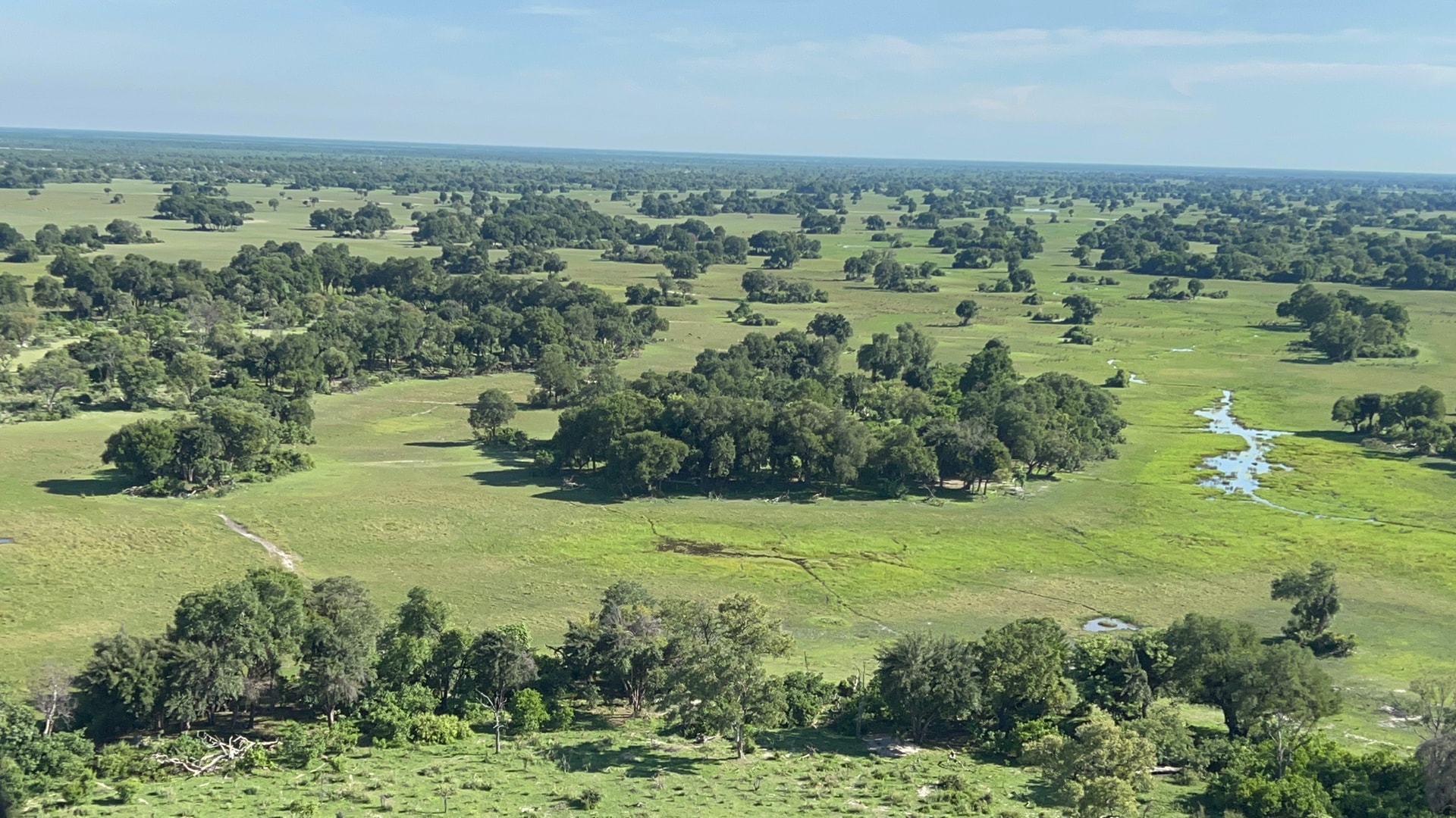 Aerial view of Samonyana Private Island in the Okavango Delta