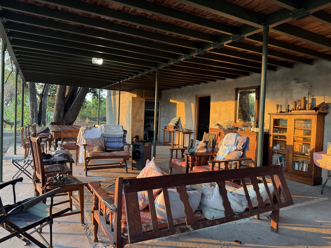 The camp lounge at Samonyana Private Island — warm, simple, and open to the bush
