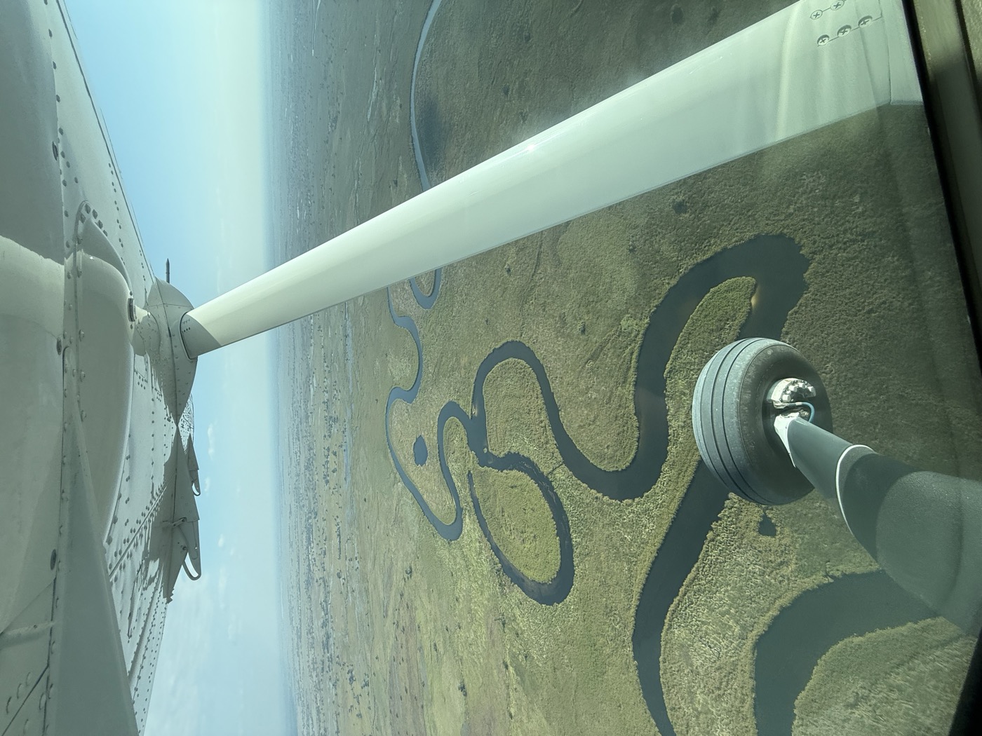 Aerial view of winding Okavango Delta channels from a light aircraft over Samonyana