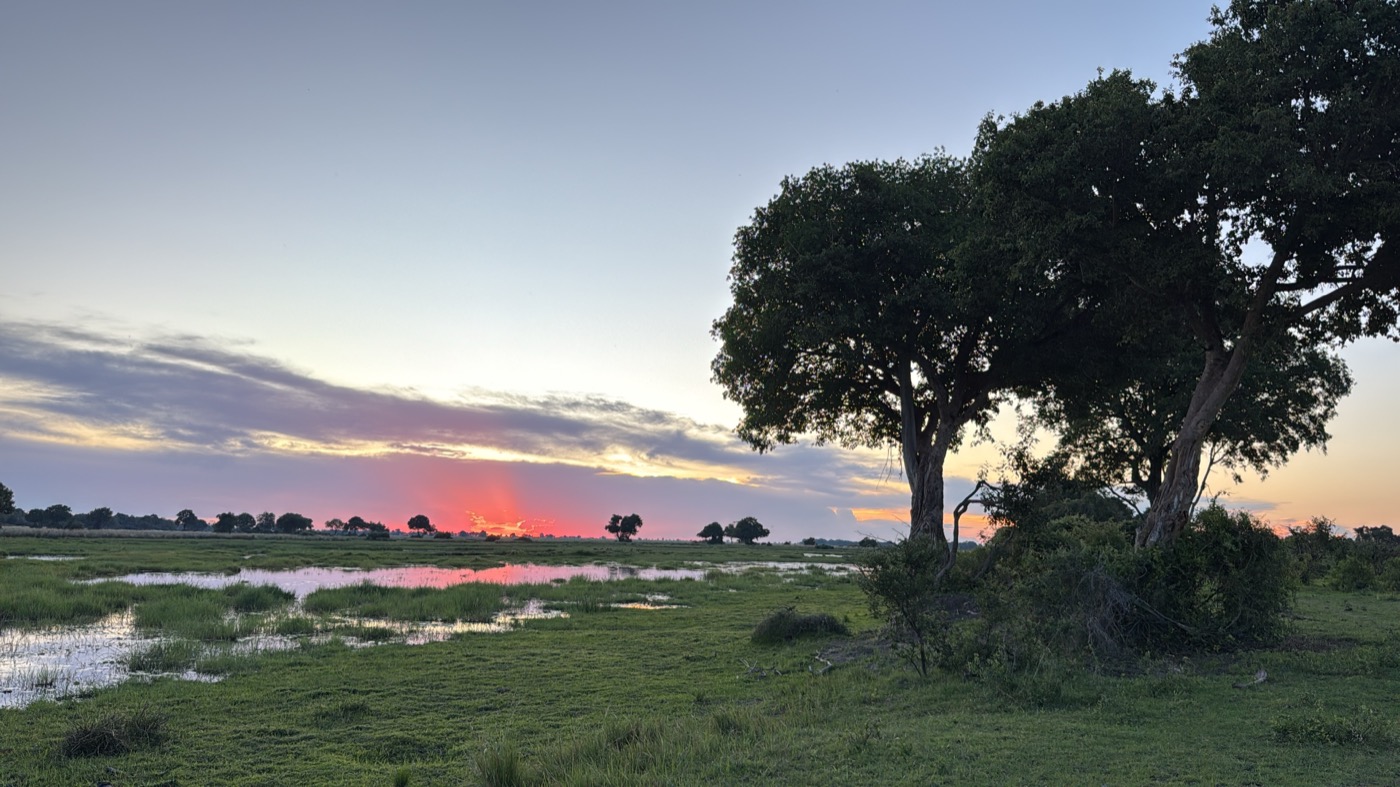 Sunset over the Okavango Delta floodplain — the perfect setting for a bush picnic at Samonyana